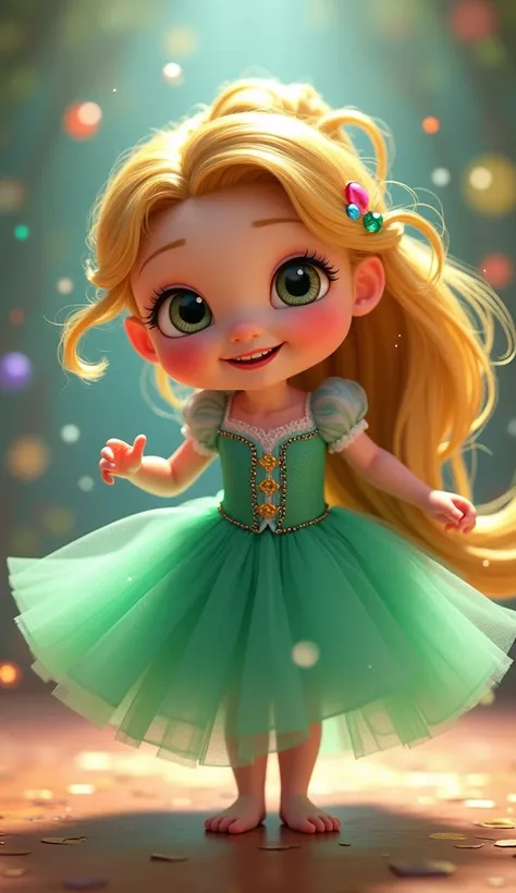  Disney Pixar style character Rapunzel baby with ponytail in her hair , What colored stones in the hair and full body green tulle skirt so that you have dancing movements