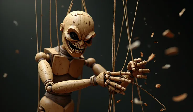 An angry puppet cutting its strings 