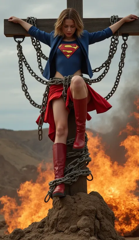 Cute Japanese、  supergirl 。  One leg raised 、 and、 her torso is tightly tightened with iron chains 、 live action  、( Supergirl is submerged in a pool of magma )、 review、  Masterpiece 、beautiful girls、beautiful Eyes、Narrow eyes、   目が     is exploding    、A ...