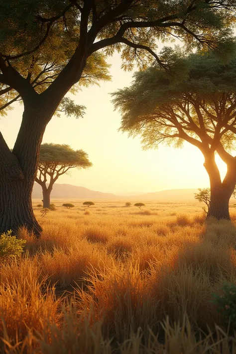 Safari like scene with trees and dry grasses no animals 