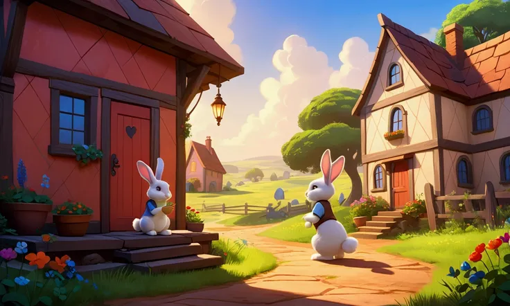 One Rabbit and his mother rabbit talking to each other, background is Rabbits cozy little house,use bright colors, picture in destiny pixar art 