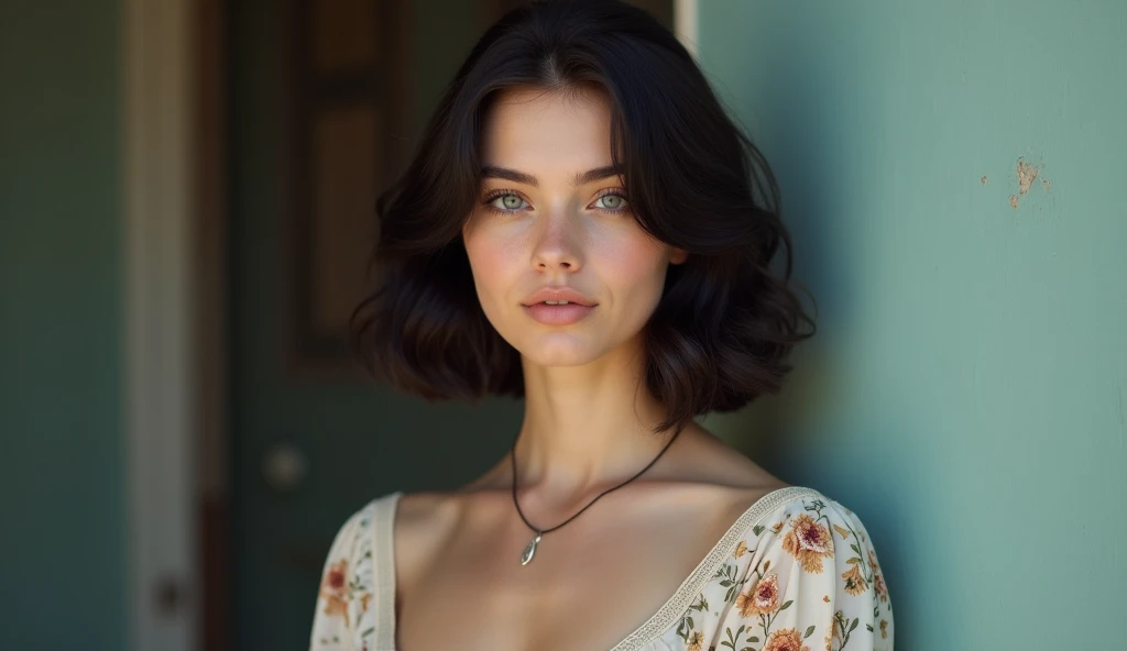 A  Romanian girl, , with shoulder-length wavy black hair, blue eyes, dressed in a short-sleeved summer dress, filmed from head to waist.