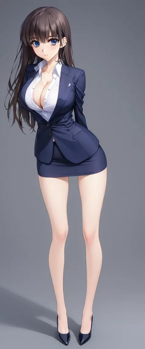 Megumi Kato,  1 girl, Alone, bangs,  brown hair, (((Female lawyer, ( formal suit micro mini skirt that shows only a little bit of crotch,   Micro Mini Pencil Skirt),  white shirt,   Navy Blue Jacket,Big Breasts、 cleavage、Thin legs、 I can see my white panti...