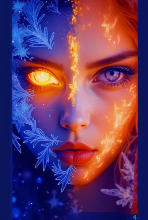 Face portrait of a goddess  ,  the face is divided into 2: one side the ice ,  snowflakes permeate the face with a fire eye and on the other side of the face the flames permeated with an eye of ice (blue) with luminous crystal blue (Long hair).,  regarde l...