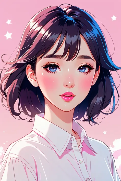 a cute , pink lips, wearing a bright white shirt, in the style of the soft aurorapunk color palette, an anime illustration of her face, animated gifs, hand-drawn animation, charming sketches, soft and bright, hazy romanticism, superplane style, white--air ...