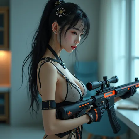 (best quality), future, Realistic, film rendering, (large cleavage,Big tits),(1 girl,korea face sexy , pale skin, (body heigth:140cm), innocent look, Young face,Beauty, photorealistic, a beautiful Asian woman holding a futuristic  sniper rifle, solo, miko ...