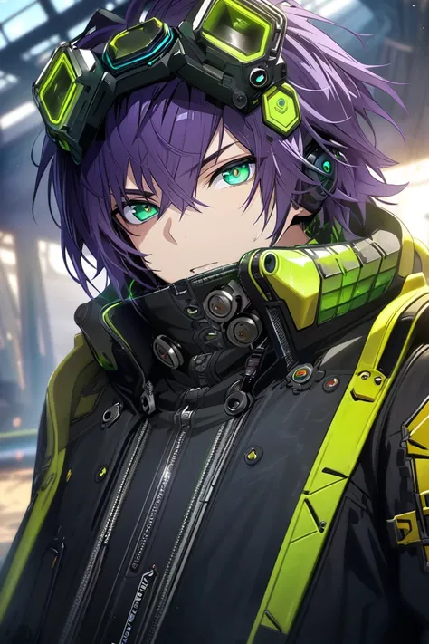 masterpiece, best quality, game cg, 1boy, solo, male focus, looking at viewer, depth of field, purple hair, green eyes, , atompunk, jaqueta preta, com detalhes roxos, green headset