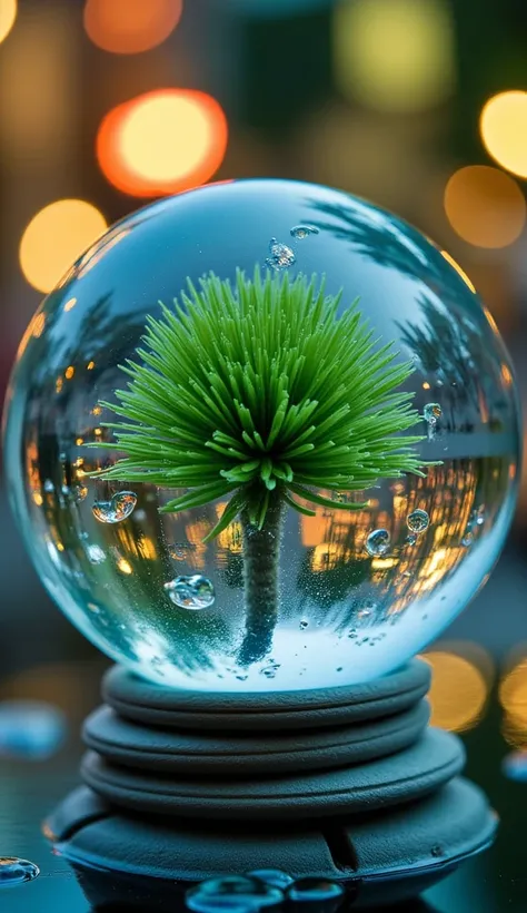 abstract and magical style ,  glitters Crystal ball with green plants in water soap bubble.  abstract background with transparent sphere .  background beautiful warm colors ,  magic water splash ., chiaroscuro, depth of field, cinematic lighting, UHD, Reti...