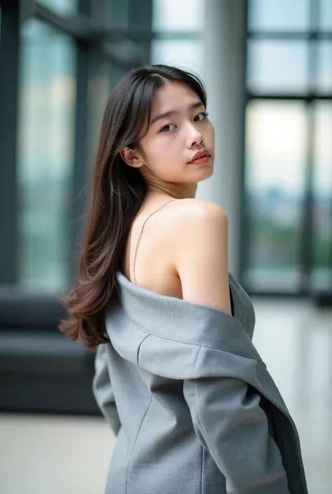 18 years old female, long hair, RAW photo, bokeh (realism: 1.4, realistic), high detailed, 8K, 1girl, solo, parted lips, office lady, business suit, skyline, cloud, arms behind back, looking at viewer, single bare shoulder, ((slim body: 1)), (small breasts...