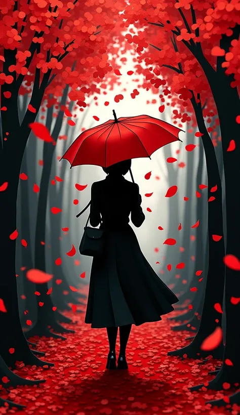 A one-of-a-kind piece of illustration art, featuring jet black, paper cutouts, and countless falling red petals, umbrella, whirlwind effects, masterpiece, best quality, very aesthetic, absurdres, very aesthetic