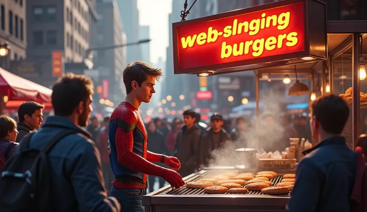 “Peter Parker stands at a small burger stand on a busy New York street, flipping patties on a sizzling grill. The sign above reads ‘Web-Slinging Burgers: So Good, They’ll Stick With You!’ A crowd of hungry locals lines up, the aroma of grilled meat and toa...