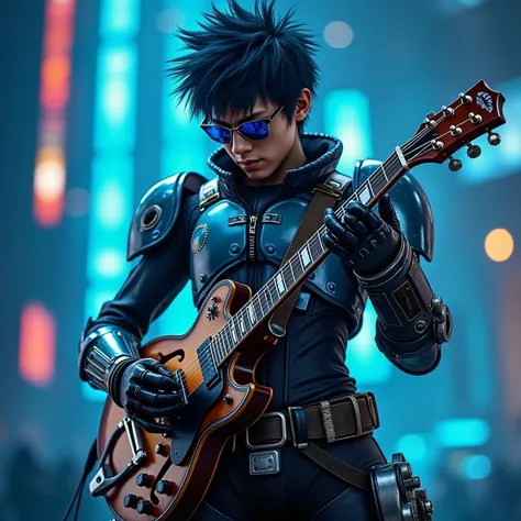 A cool full color close-up of a 16-year old male rock musician with blue eyes and short spiky dark blue hair wearing a black, blue, gray robotic mech suit with a belt, boots, gloves, sunglasses, gadgets, and a silver spy hat playing a shiny acoustic guitar...