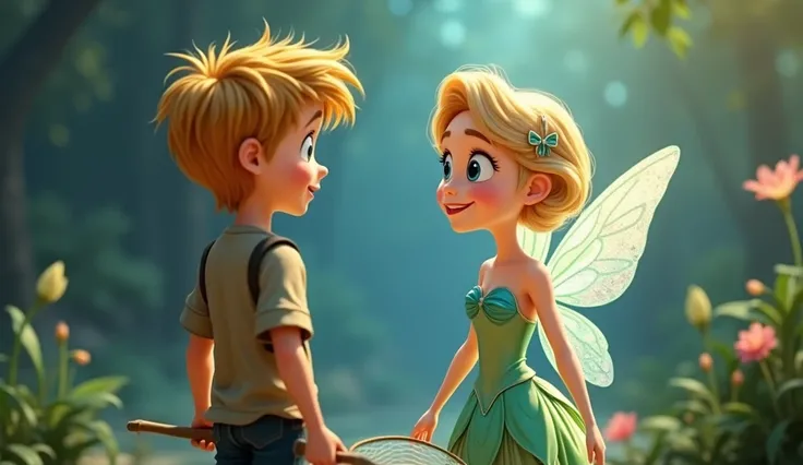  image for a cartoon story of Disney-style YouTube videos, in Pixar format :  Ariel and Jackson meet :  Jackson A cheerful and kind boy with blond hair and blue eyes.   He is dressed in simple clothes and holds a butterfly net in his hands.    Jackson is s...