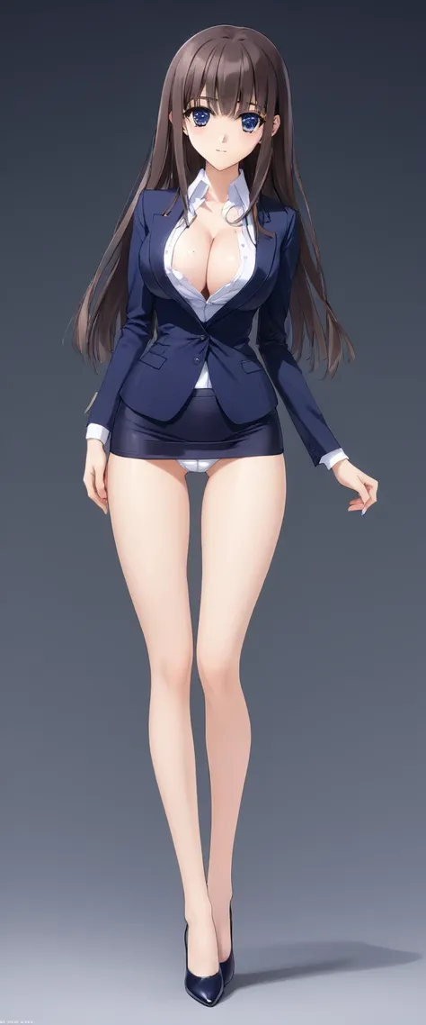 Megumi Kato,  1 girl, Alone, bangs,  brown hair, (((Female lawyer, ( formal suit micro mini skirt that shows only a little bit of crotch,   Micro Mini Pencil Skirt),  white shirt,   Navy Blue Jacket,Big Breasts、 cleavage、Thin legs、 I can see my white panti...