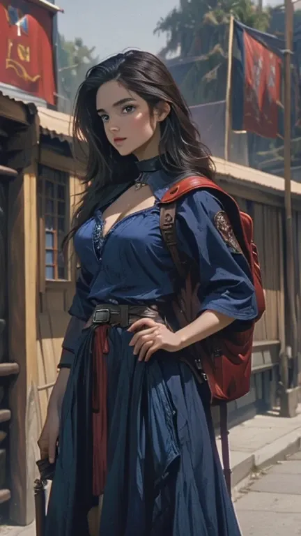 1 girl, around, masterpiece, looks forward, Best quality at best，a high resolution，8K，female elf mage, long black hair, braided hair, brunette, blue and red clothes, intricate pattern, (perfect brown eyes), in a fantasy camp, fantasy character, wearing a b...