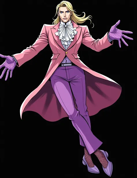 Funny Valentine: Appearance="white skin" "tall and lean-muscular", "long, blonde hair, curling at its ends into several thick, well-defined rings", "intense blue eyes", "strong jawline"] [Clothes= "pink overcoat close to the end of his torso", "frilled gar...