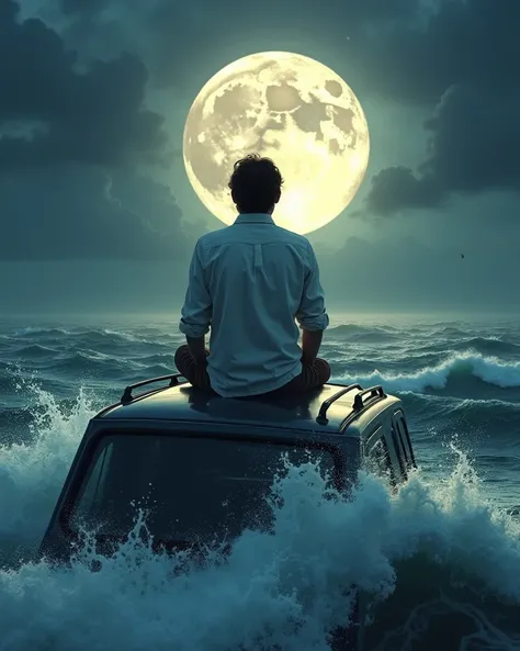 In the middle of the sea ,  Sitting on the roof of a car that is about to sink , back turned,  of a brown-haired man in a shirt .  Huge waves rise in front of the man and there is a bright full moon on the top.  The sky is cloudy and dark ,  The sea waves ...