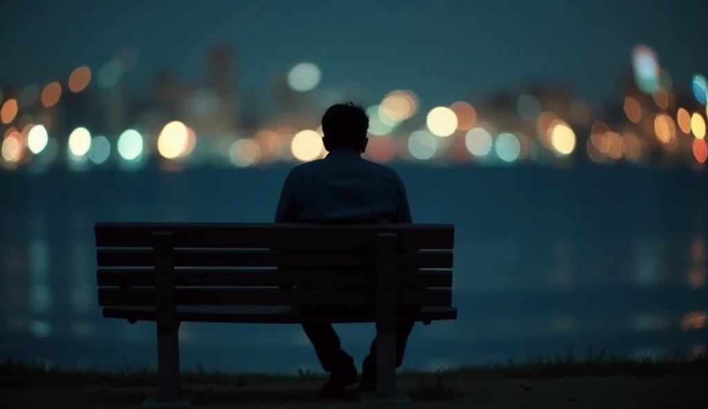 4. ** Rafael Perdido in His Thoughts **: Image of Rafael ,  sitting on a bench alone at night ,  Looking at the Horizon.  The city lights in the background are blurred ,  reflecting his sense of disconnection and inner confusion.