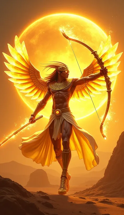 ((Best quality, 8k, masterpiece: 1.3)), (Sharp focus: 1.2), (Ra, the Sun God, in a majestic and powerful attacking pose with his bow), (full body including legs, muscular and imposing, Human skin with a radiant glow, wearing a gleaming golden armor ornamen...