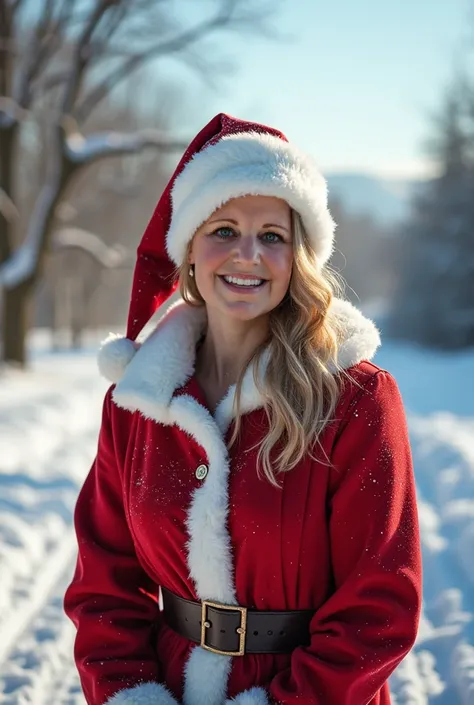 photorealistic portrait of a smiling Lady santa clouse outside in the snow, depth of field 