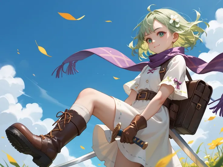 Create an illustration of a cheerful, young adventurer girl. She has short, light green hair styled with two bows on each side. She wears a white tunic with a belt, gloves, and boots, along with a purple scarf and matching sash flowing in the wind. She car...