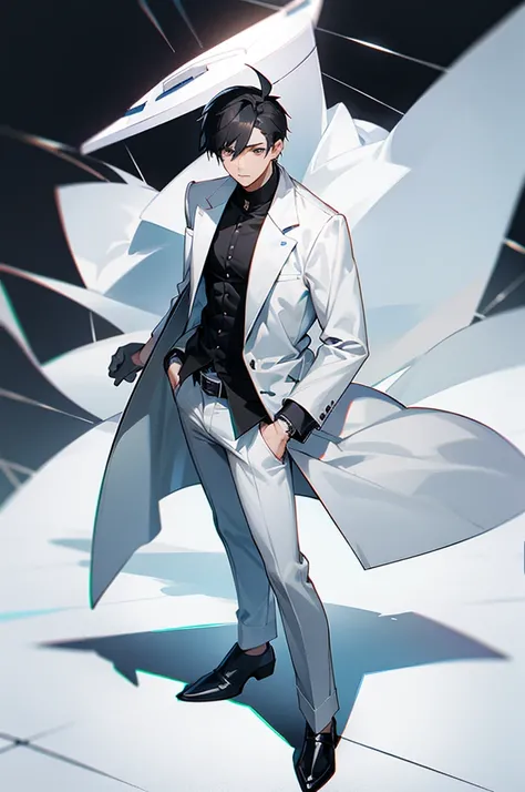 Make a male character, with short black hair, with gray eyes , And a white coat pants black jeans , with a gray briefcase, in anime
