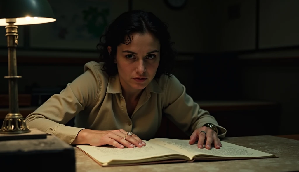 7. **Beatriz Investigating the Past **:  Beatriz in an old office ,  examining files and documents ,  with an expression of intense concentration .  The environment is dark and the papers are illuminated by a dim lamp,  reflecting the depth of her investig...