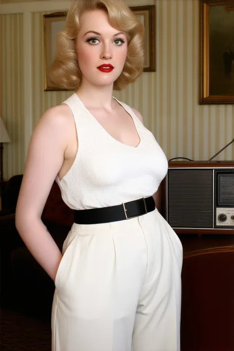 A beautiful classic 1920s woman with a perfect curvy body, (full shot:1.5), (front view:1.5), full body, detailed face, detailed eyes, detailed lips, detailed chest, highest quality, masterpiece, listening to the radio in a 1920s living room, blonde hair i...