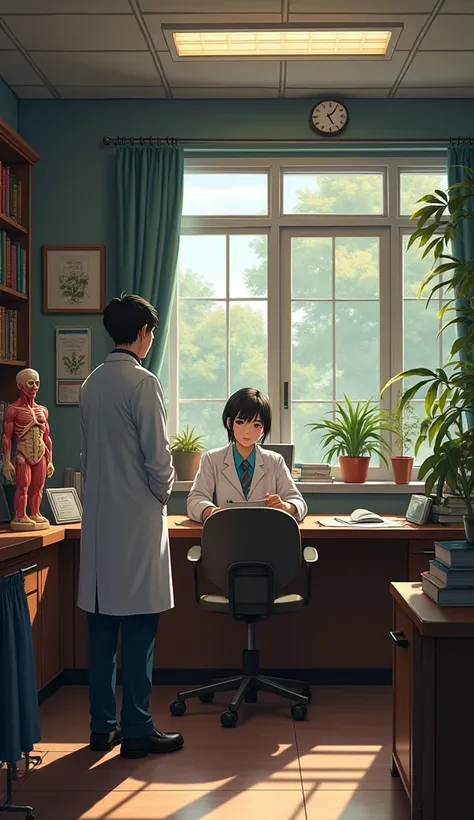 
Photo of the doctors office from the perspective of the doctor or next to him, facing the doctors desk and the chair of the client or patient, and the anatomy statue and the library and the vase
