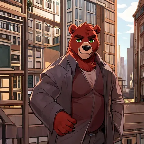 Alone,  anthropomorphic, Bear, Red bear, Toned, red and brown sportswear,  green eyes ,  round glasses, 5 fingers, daylight , background of a city, 4K,  high resolution, Flag