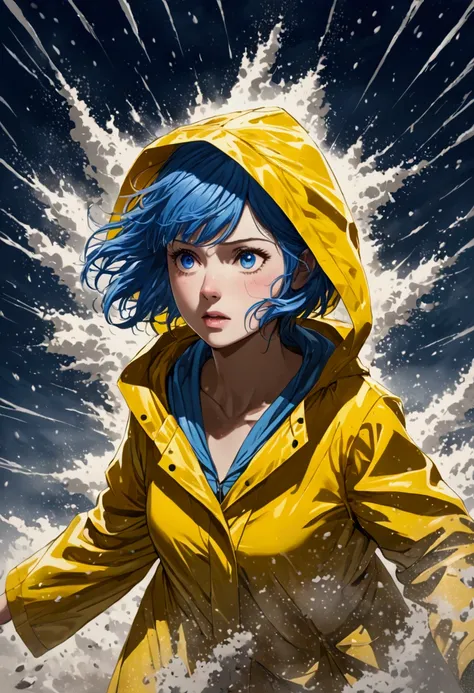  Girl with short blue hair and blue eyes wearing a yellow raincoat, being hit by a blizzard of dust on a plain under the moonlight 