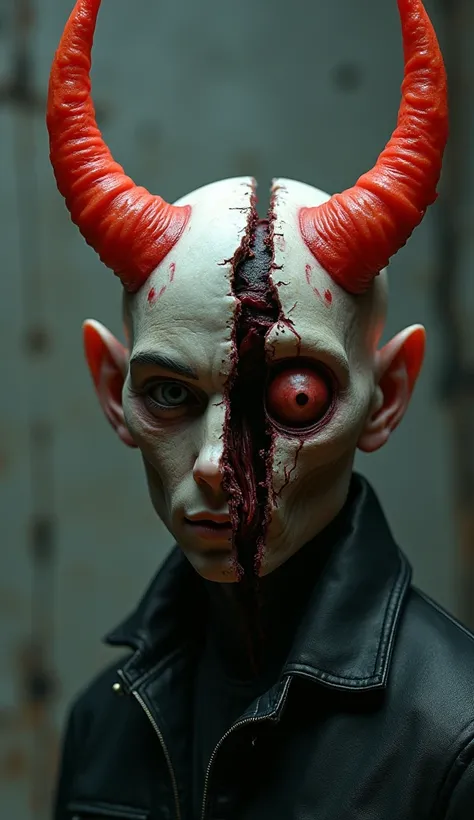 Half-cleaved photo of a squat head with two red horns