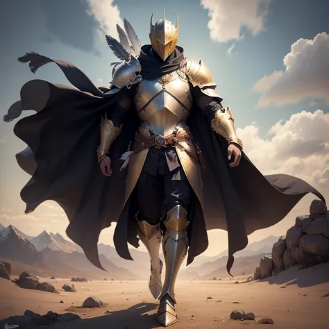 full body Male knight wearing a leather armor under a yellow plate chest armor with gold wind accents, long black cape with ornaments, dynamic pose, high icey mountains background, feathers