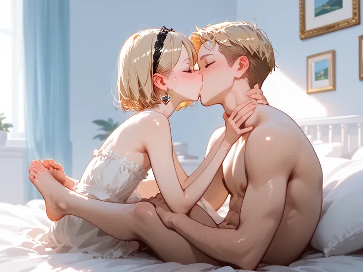 Man kissing feet of Tiny girl,Accurate, Best Quality, Short Hair, Blonde Hair, Blush, Ear Blush, at bed,light smile,flat chested, girl sitting in bed, man kissing the girl feet, feet kissing,