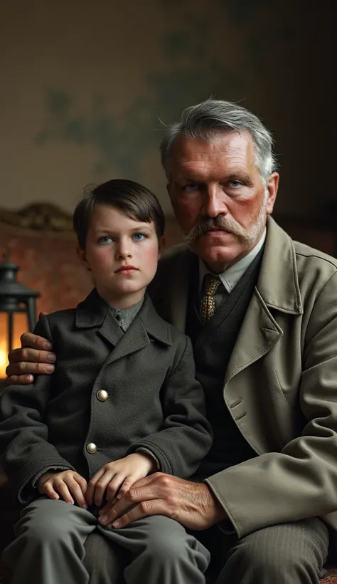 A close-up of Alois Hitler and his son, Adolf Hitler, aged 20, both dressed in worn, modest clothing, their faces marked by the hardships of life. Alois, a middle-aged man with a weathered, stern expression and neatly combed gray hair, sits slightly hunche...