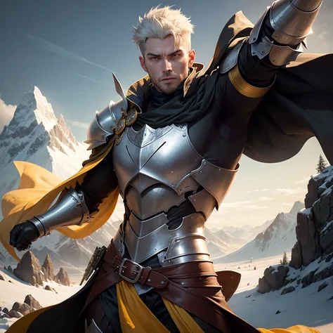 Male knight wearing a leather armor under a yellow plate chest armor, long black cape, dynamic pose, high icey mountains background