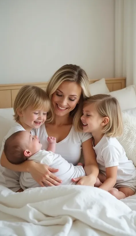 
In a cozy and serene setting, a blonde mother shares precious moments with her three ren. The soft white and beige tones of the bedroom reflect the peace and harmony this family exudes. With her baby safely in her arms, the mother’s warm smile is matched ...