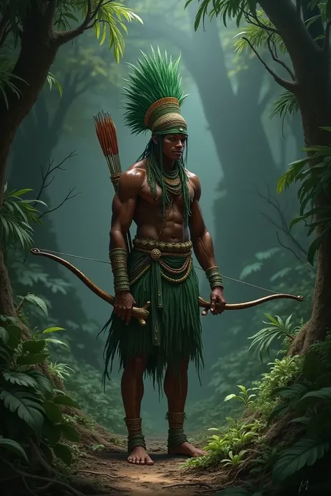 An African hunter, with a bow and arrow, is dressed in a green plume, a green skirt, and is not wearing a shirt. His face is covered by the shadow of a tree, in a dark and dangerous forest full of natural perils.