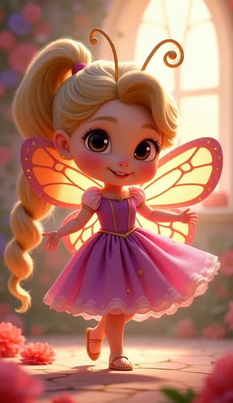  Disney Pixar style character Rapunzel baby with ponytail in her hair , That she has a full body butterfly costume so that she has dancing movements