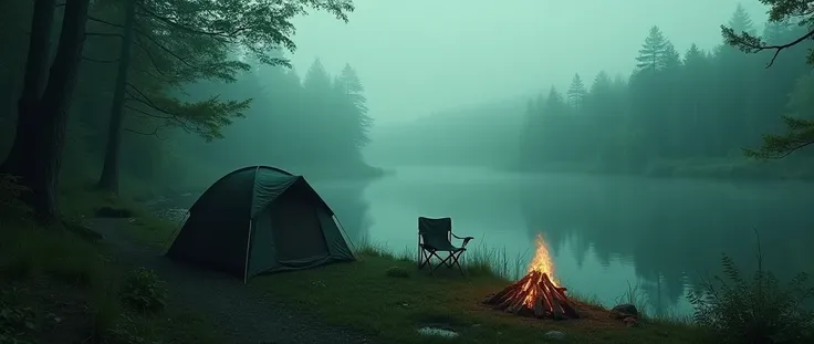 An abandon campsite with an empty tent, a portable camping chair and a small campfire. The campsite is next to a lake in a misty forest. Dark, eerie vibe in greenish blue.