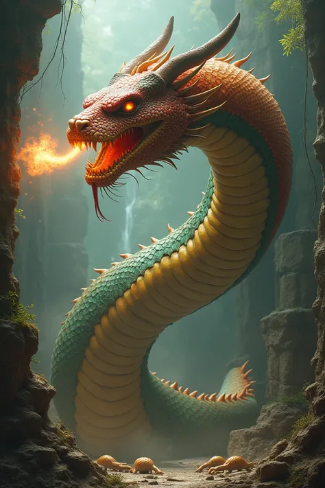 A very big snake ever existed. Three good colors. Body with horned head. Tongue casting fire and small 6 golden legs and strong claws. Pretty head