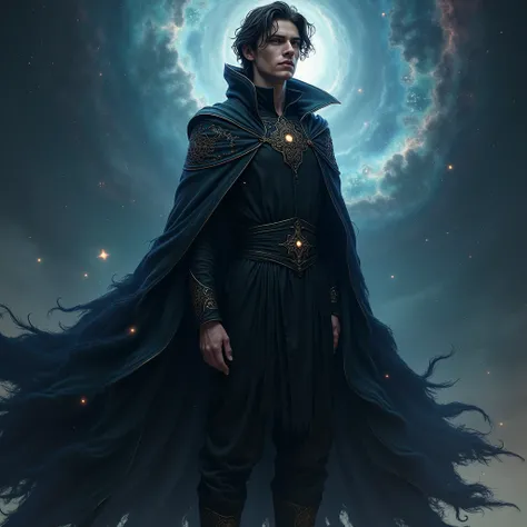 model of a magician young adult male with dark-colored clothes,  slightly long hair , a dark colored cape similar to outer space 