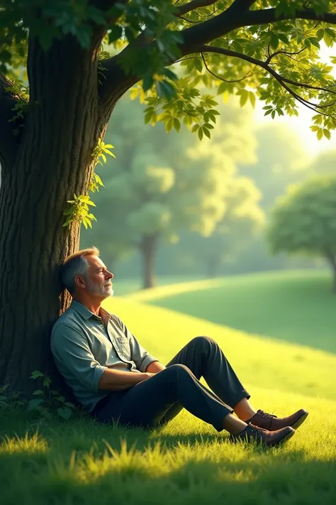 A man is sitting under a tree.