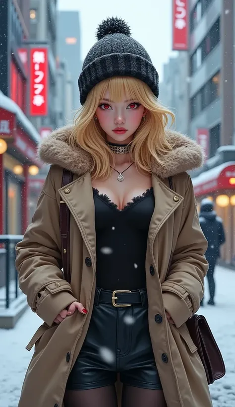 Kitagawa Marin, 1girl, blonde hair, long hair, multicolored hair, red eyes, jewelry, necklace, choker, perfect breasts, wearing a beanie, wearing a winter jacket, wearing a duffle coat, carrying a bag, wearing a watch, wearing earrings, in public, creature...