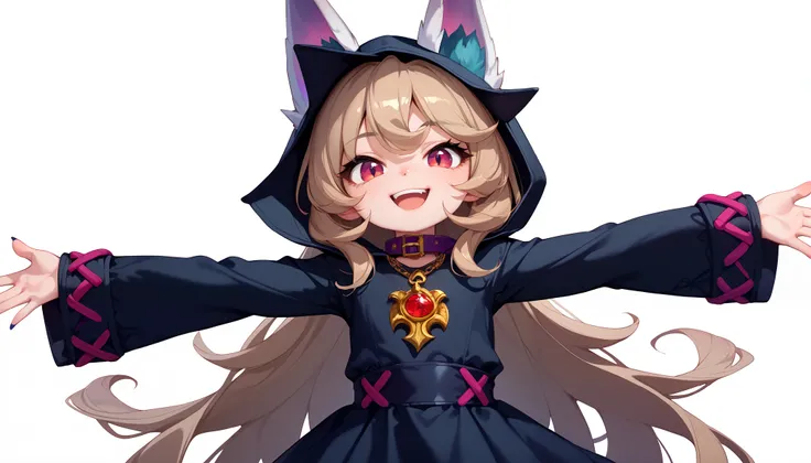 (masterpiece:1.3), (best quality:1.3), (very detailed), (anime style:0.1), game cg, anime coloring,((simple white background)),VexLoLXL,big eyes,yordle,shortstack,red eyes,((light brown hair,bangs,long hair)),shiny_skin,white_skin,white skin,black hood,hoo...