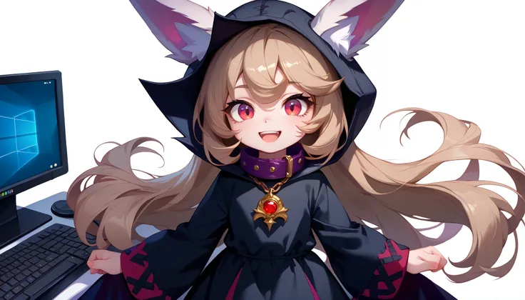 (masterpiece:1.3), (best quality:1.3), (very detailed), (anime style:0.1), game cg, anime coloring,((simple white background)),VexLoLXL,big eyes,yordle,shortstack,red eyes,((light brown hair,bangs,long hair)),shiny_skin,white_skin,white skin,black hood,hoo...