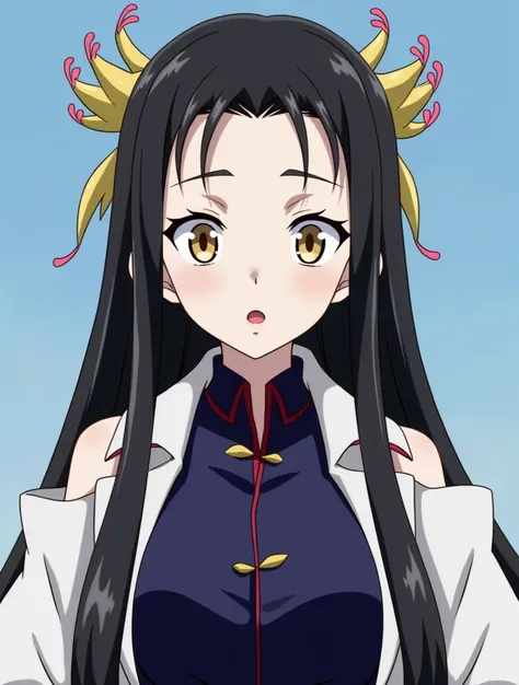 Anime Kochou kanae kimetsu no yaiba, demon Slayer corp uniform, Kanae was a girl with a slim build, quite tall for her age, with clearly red lips contrasting with her pale complexion. She had long, straight black hair that reached just below her waist, loo...