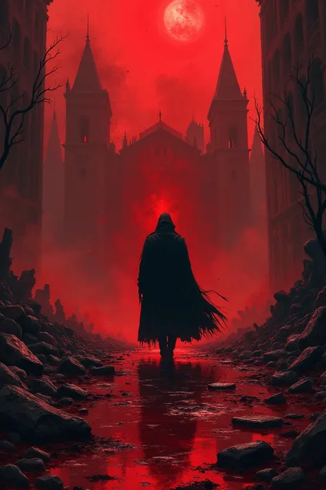 Madness,  the background of the building is destroyed , Everything is in the blood, red,  standing a man in a black coat, and goes forward , dark