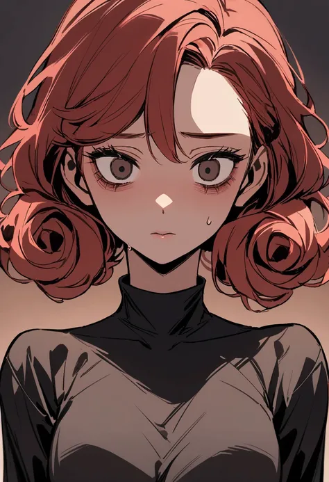 A girl, brown light skin, short curly red hair, tight black shirt, dark circles under her eyes 