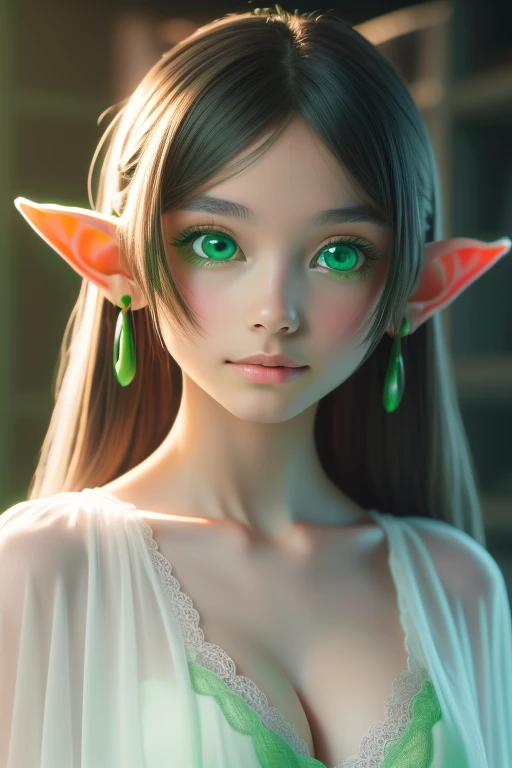 Fondo de pantalla extremadamente detallado de Unity 8K CG),1 girl, Alone,(ultra quality green eyes :1.7),(eyes with details HD ), Pointy ears , Elf ears,, the highest quality ,long hair, collections,8K,3D, the image quality of 2000 GB,earrings, white capel...